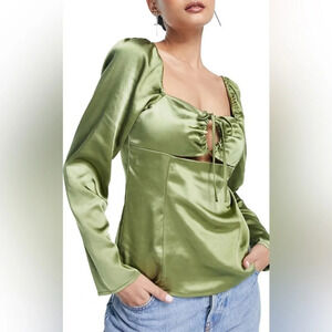 TOPSHOP Keyhole Satin Top, KHAKI, Size 2 US (fits like 0), NWT